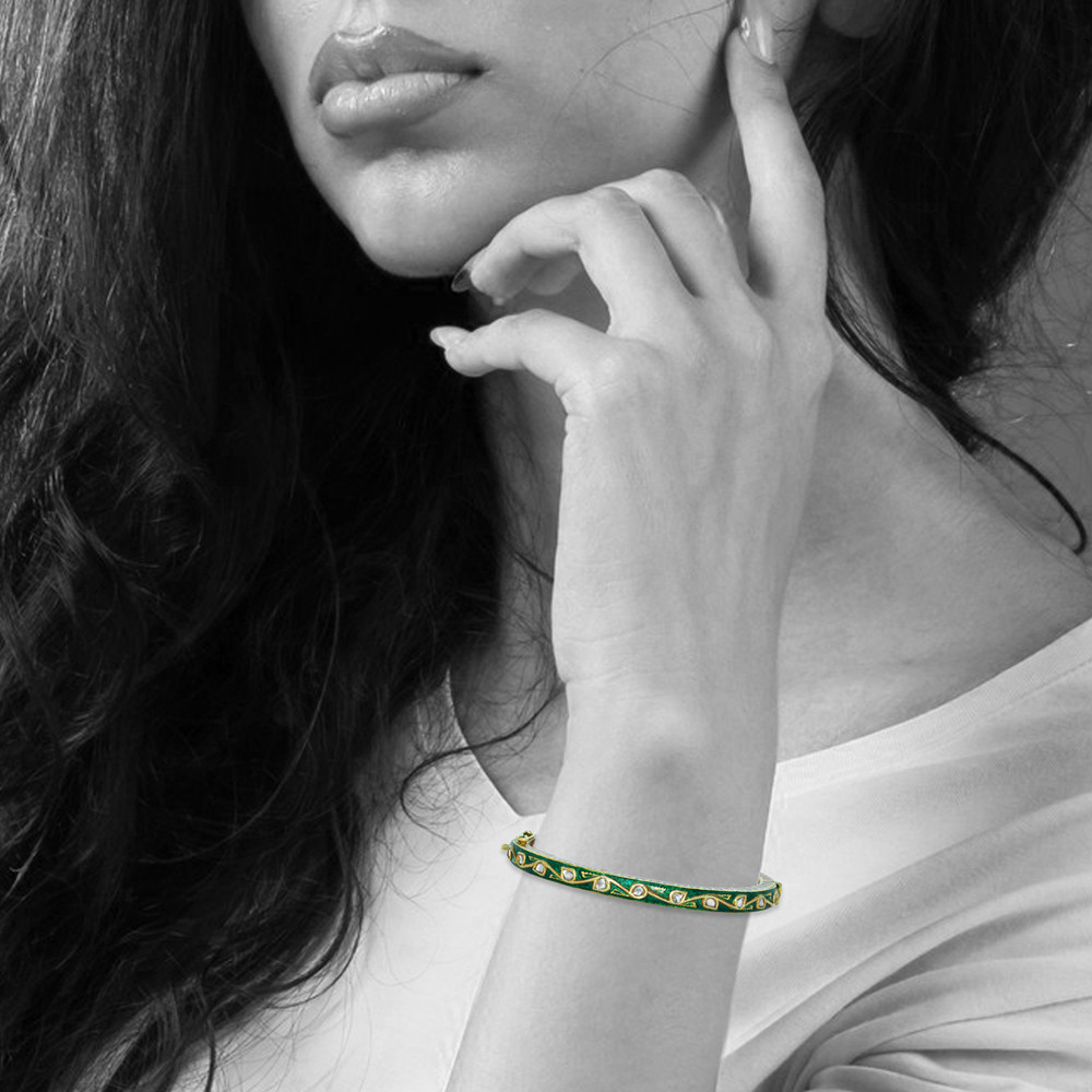 Polki Bangle with Green and Red Enamel Floral Design